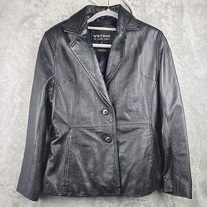 Wilsons Leather Jacket‎ Womens Size Small Black Button Up Blazer Lined Pockets
